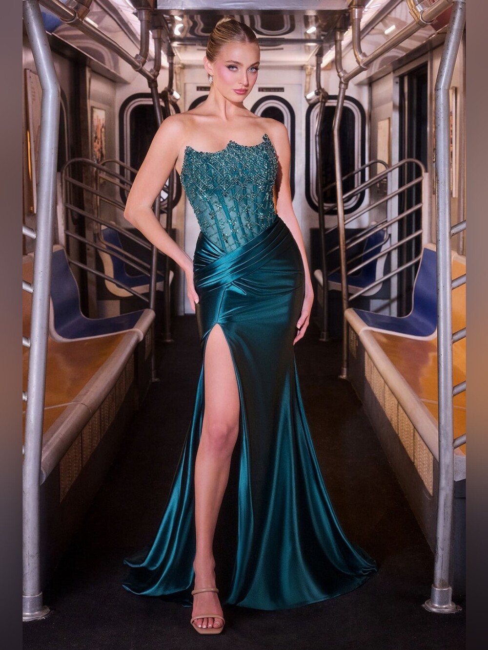 Strapless Peacock Beaded Satin Gown With Laceup Back Size 4
